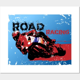 Road racer motorbike silhouette on grunge background Posters and Art